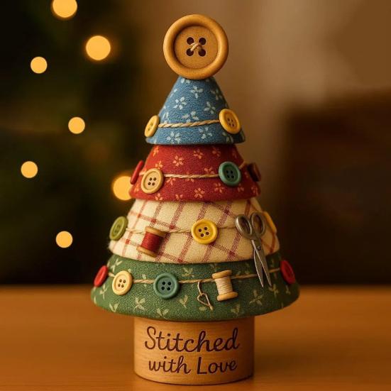 Fabric Christmas Tree Figurine Handmade Multi-Layer Xmas Tree Ornament with Buttons Scissors And Star Topper Holiday DIY Patchwork Craft for