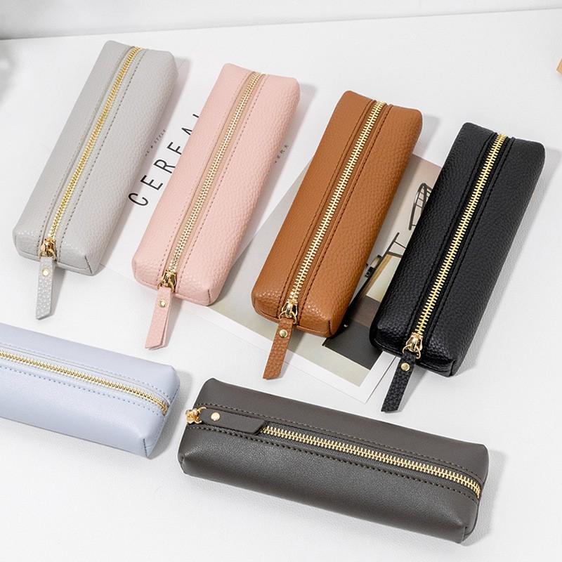Large Capacity Zipper Pencil Case With Texture PU Leather Students School Supplies Organizer