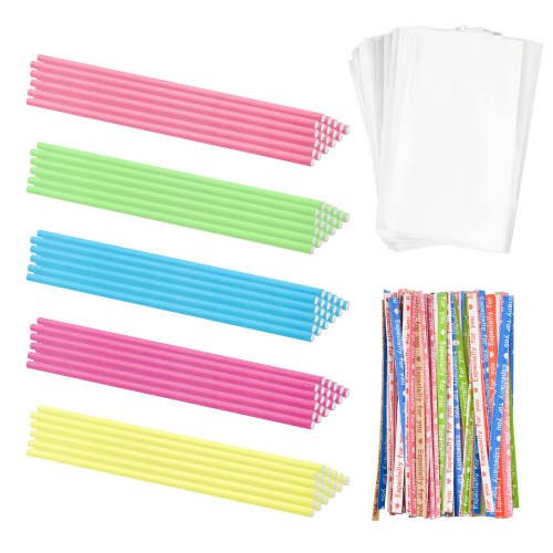 WANDIC Lollipop Cake Pop Kit, 100 Colorful Paper Sticks & 100 Clear Candy Bags & 100 Twist-Tie Cake Pop Sticks and Wrappers for Making Lollipop Candy