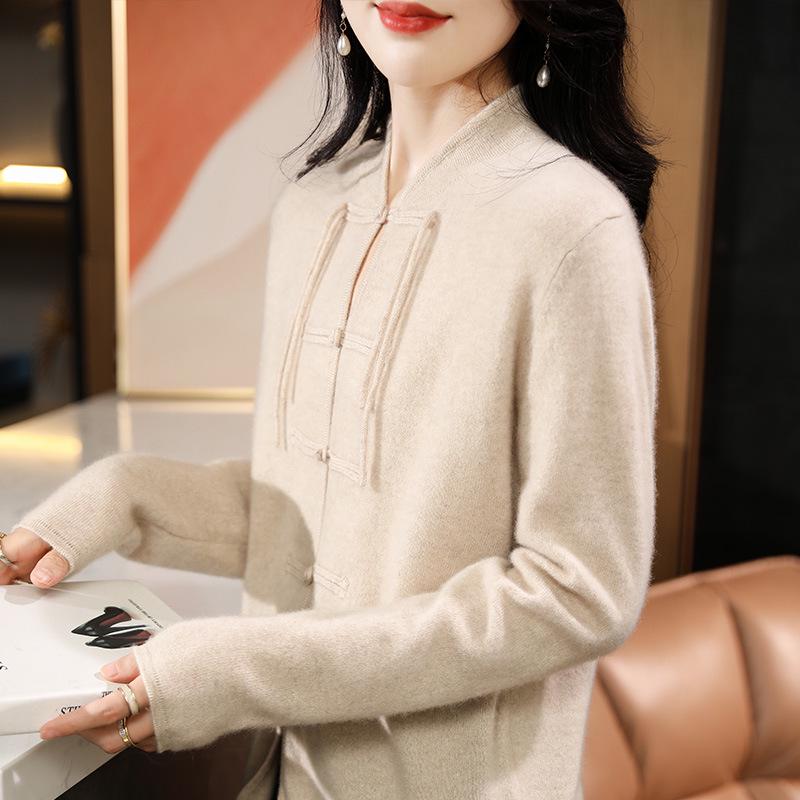 Women's Retro Chinese Style Wool Cardigan - Autumn/Winter Stand Collar with Frog Buttons