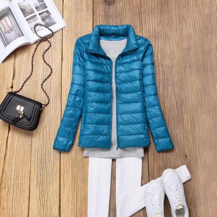 Women's Autumn and Winter Large Size Short Standing Collar Jacket Warm Slim Zipper Top Free Storage Bag