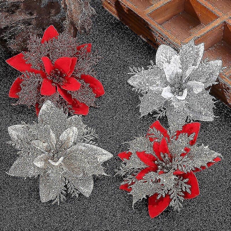10/20pcs Christmas Flower Poinsettia Artificial Flower With Clip Christmas And Year Party Floral Decoration hwyC