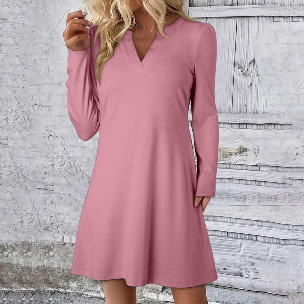 Women's Solid Color Dress Loose V-neck Casual Fashion Long Long Sleeved Dress