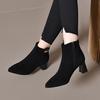 2025 autumn and winter new comfortable thick heel velvet short boots women's pointed foreign gas velvet soft leather frosted high heel fashion boots