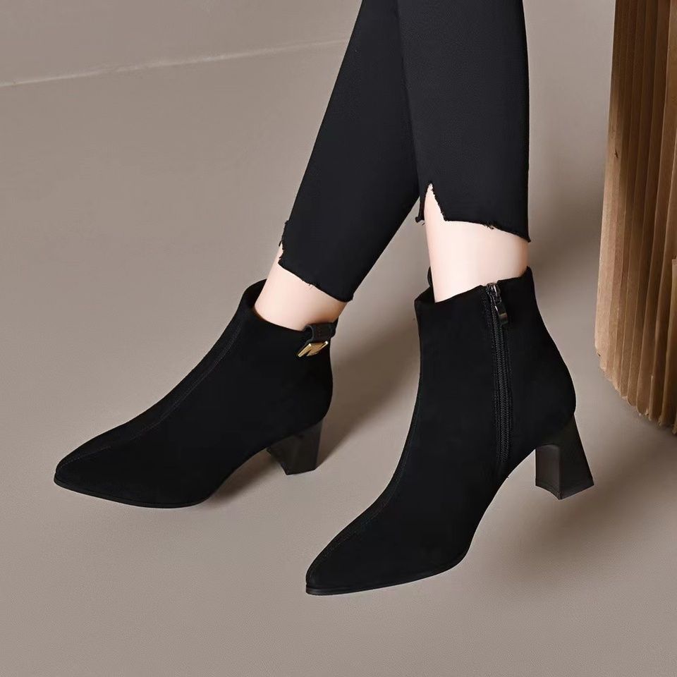 2025 autumn and winter new comfortable thick heel velvet short boots women's pointed foreign gas velvet soft leather frosted high heel fashion boots