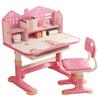 Kids Functional Desk Chair Set, Height Adjustable Children Study Desk with Castle Backboard, Widened Desktop, Bookstand and Storage Drawer (Pink)