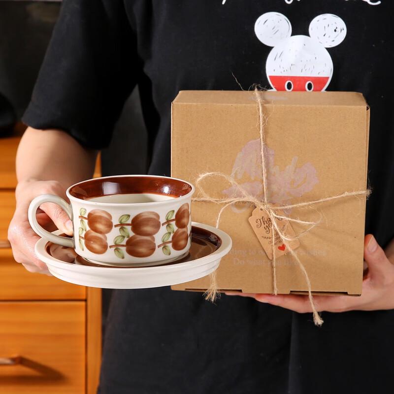 Jun Shiqi Vintage Ceramic Coffee Cup & Saucer Set 01 Brown Flower