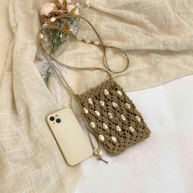 2026 New Shell Beaded Woven Drawstring Bag Handmade Macrame Crochet Shoulder Bag Summer Beach Vacati Crossbody Purse for Women
