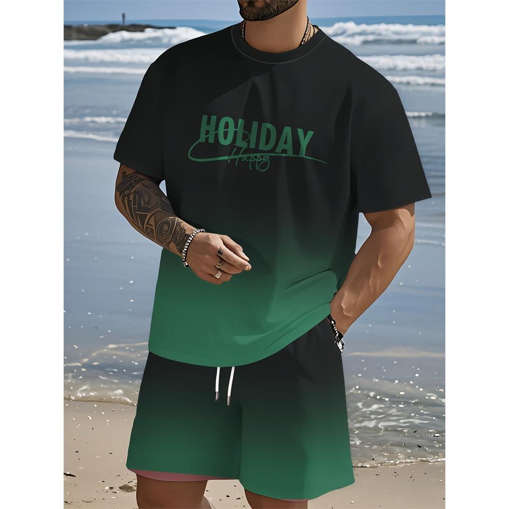 New Summer Plus Size Men's Two-piece Letter Print Pattern Fashion Short-sleeved Suit Street Men Loose Comfortable Shorts