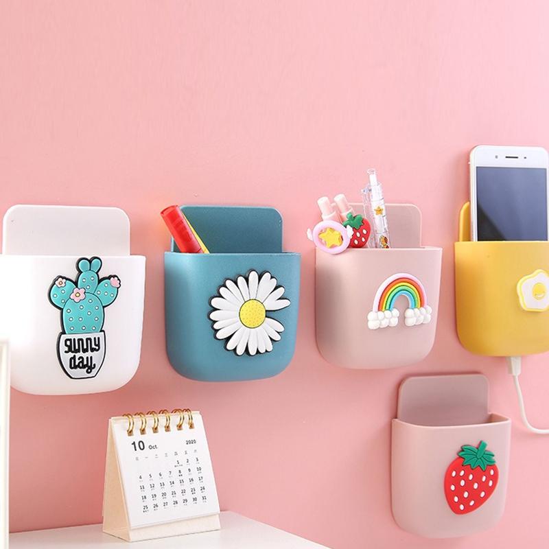 Cartoon Wall Mounted Organizer Storage Box Remote Control Mounted Mobile Phone Plug Holder Stand Wall Charging Multifunctio
