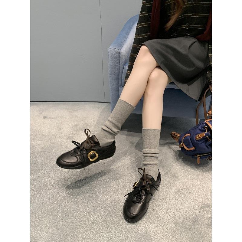Cowhide grape ma same retro double shoelaces belt buckle sheepskin round head versatile casual moral training shoes women's small leather shoes