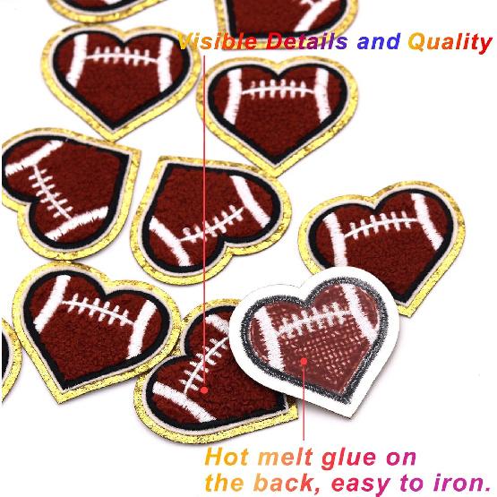 12pcs Heart Football Iron on Patches Embroidered Motif Applique Deco Sew on Patches Gold Edges Chenille Love Shape Rugby Embroidered Patches for