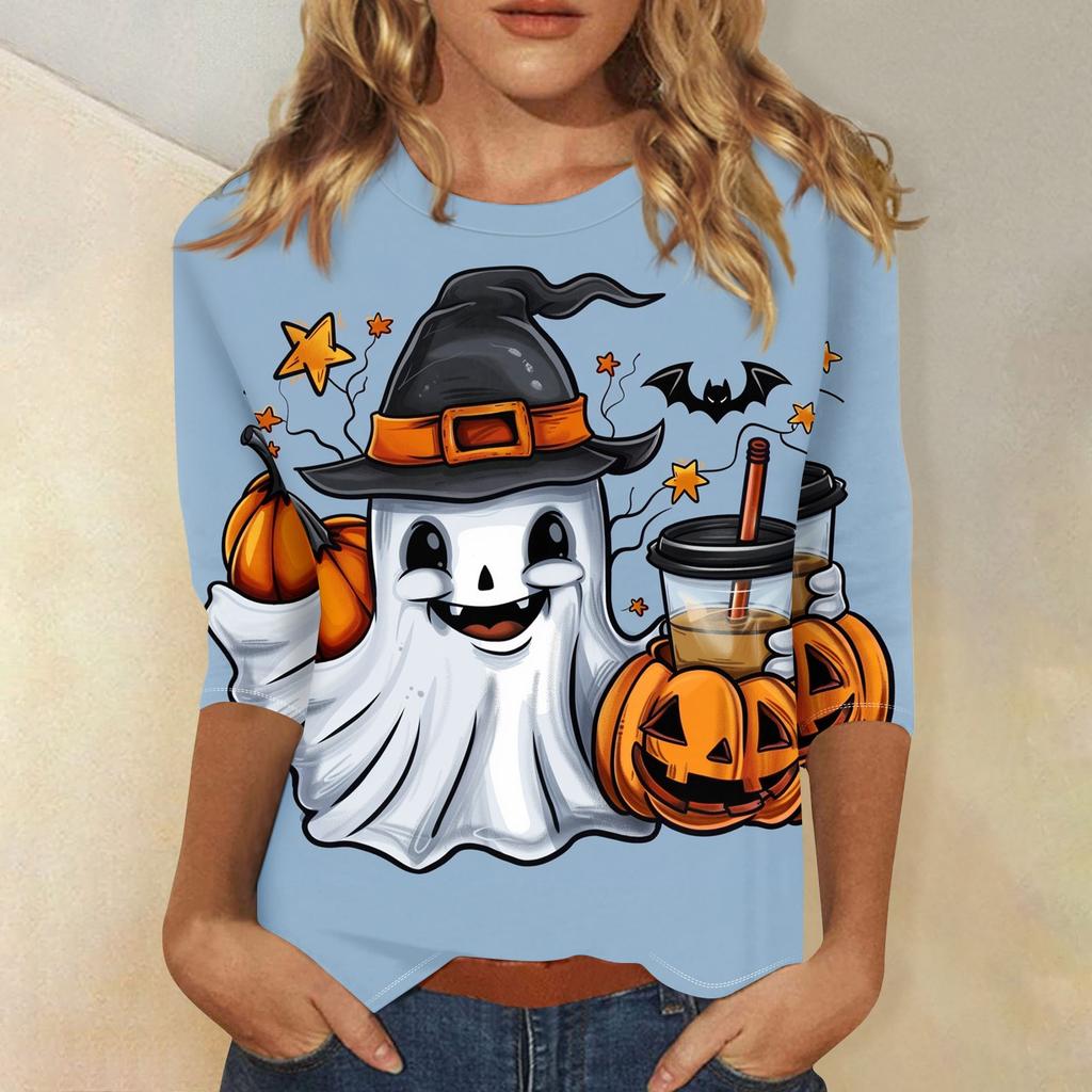 Women's Fashion Casual Three-quarter Sleeve Halloween Printed Round Neck Top
