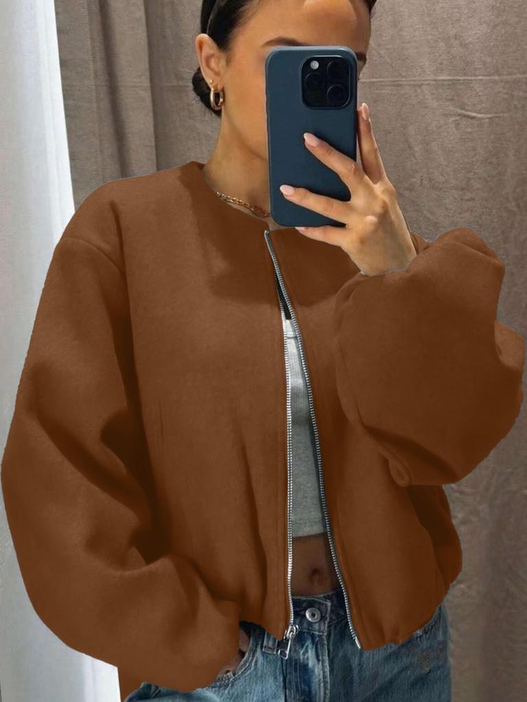 Women's Autumn/Winter Bomber Jacket - Round Neck, Drop Shoulder, Lantern Sleeve, Street Style Zip Cardigan