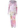 European and American Style Fashionable Printed Round Neck Pullover Long Sleeved Dress with Buttocks Wrapped Long Skirt, Street Style Casual Dress