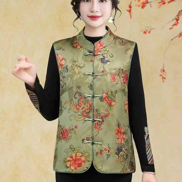 

Elegant Jacquard Sleeveless Vest for Women: Frog Button Design, Ideal for Middle-Aged and Elderly, Perfect for Moms. 2XL зелений