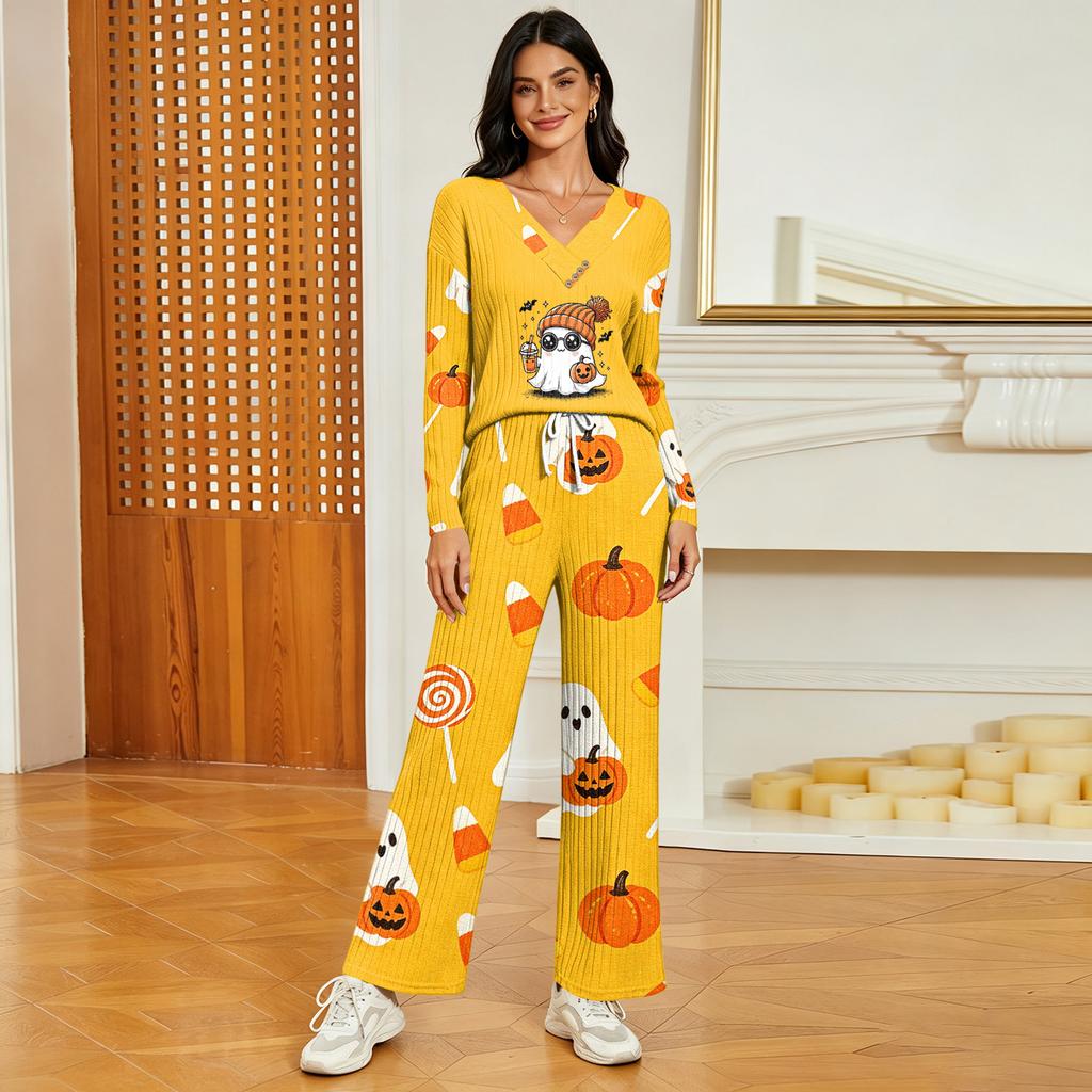 Women's Halloween Print V-Neck Long Sleeve Pajama Set with Pockets Loose Fit Sleepwear Set