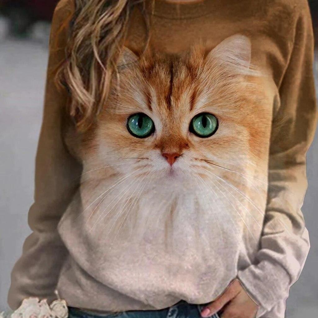 Ladies Long Sleeve sweater O Neck Cute Kawaii Cat Print Imitation Cotton Women's Harajuku Tops Clothes EMA