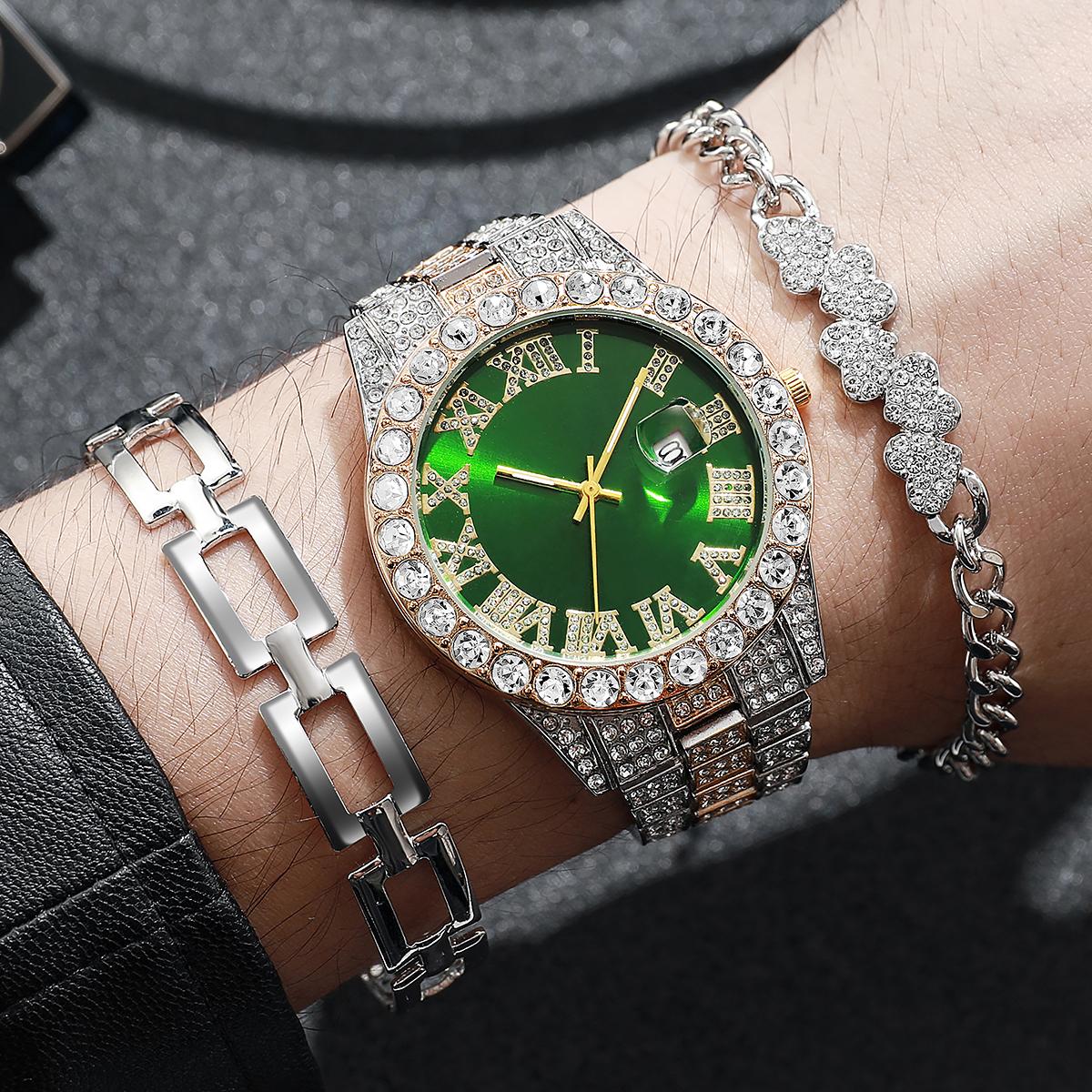 

Fashion diamond inlaid star emerald quartz watch, light luxury design sense versatile men s watch, bracelet, and necklace set зелёный