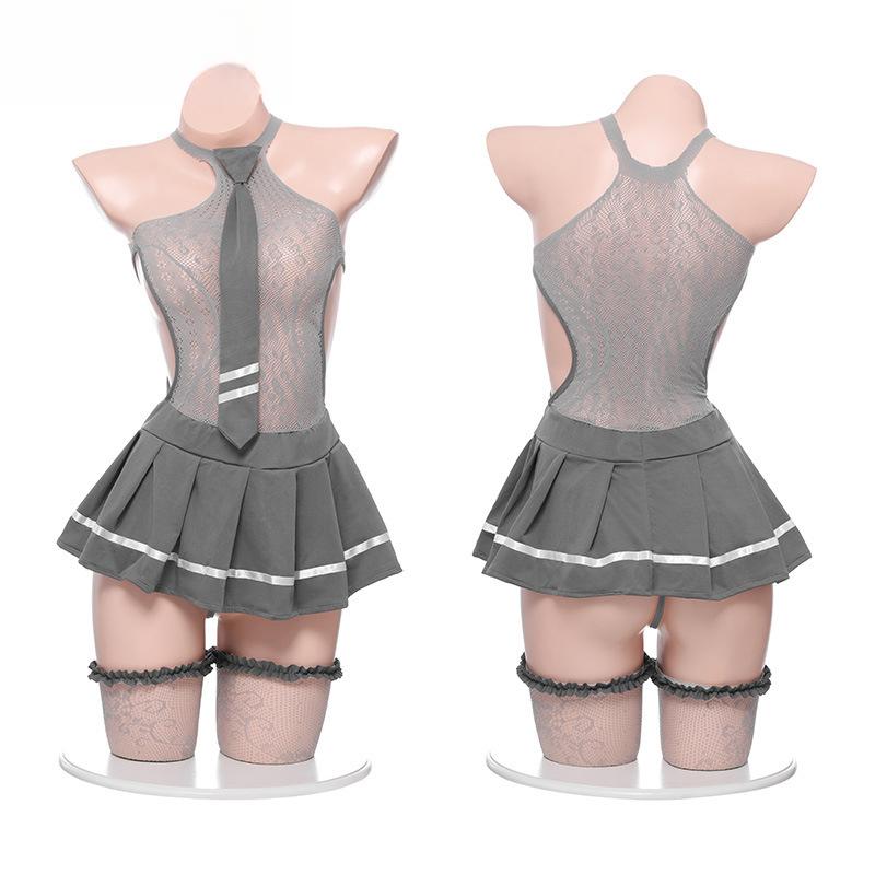 Plus Size Cupless Crotchless Lingerie Uniform Student Suit Sexy Free Off Temptation Pajamas with Stockings for Women