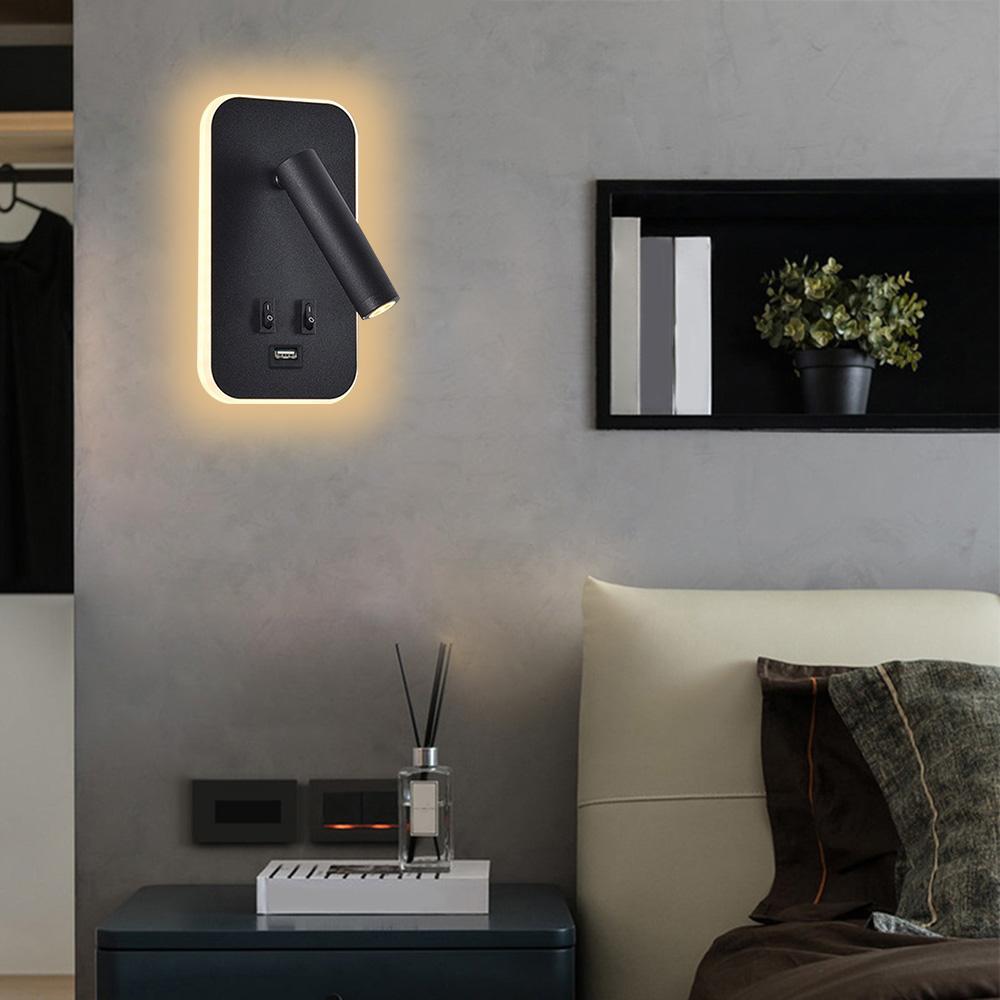 Bedside Wall Lamp Wall Mounted Reading Light with Switch and USB Port Backlight Bedroom Bedside Study Reading Sconce Lamp