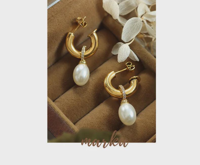 Baroque Pearl C-Shaped Titanium Earrings for Girls - Non-Fading, European & American Style