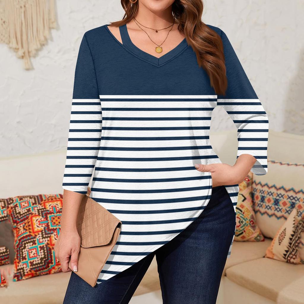 Dámské potištěné topy plus size s dutým véčkovým výstřihem a 3/4 rukávy, elegantní ležérní topy