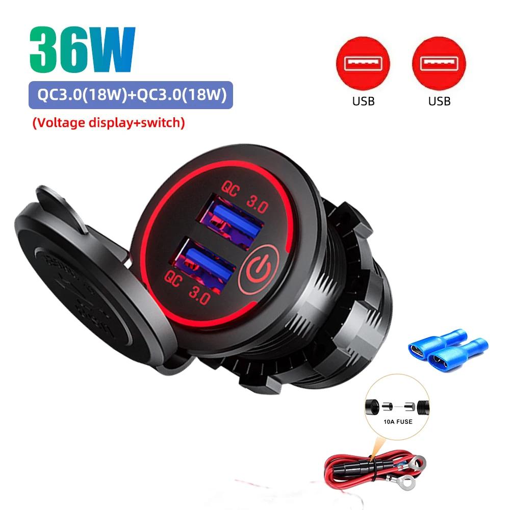 

36W Dual USB Charger Socket Waterproof Fast Charge Adapter 12V/24V QC3.0 Power Outlet with Switch for Car Marine Motorcycle RV