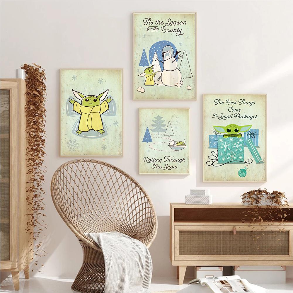 Disney Star Wars Christmas Cute Grogu Prints Poster Canvas Painting Modern Wall Art Pictures Living Room Bedroom Home Decoration