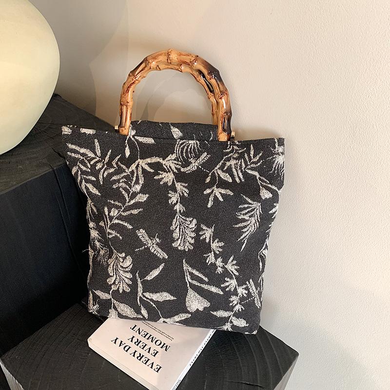 Bamboo Tote Bag Niche Bag New Fashion Canvas Embroidery Large Capacity Tote Bag Ethnic Style Bag