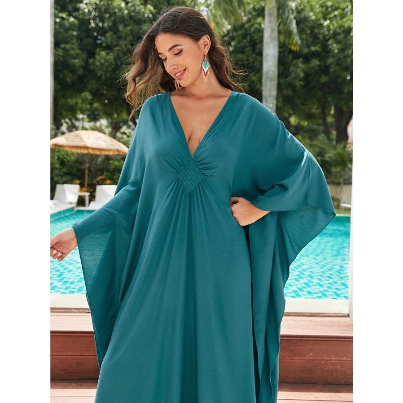 Women's Fashion Spring Fall Solid Color Print Long Sleeve V-Neck Loose Waistline Casual Dresses