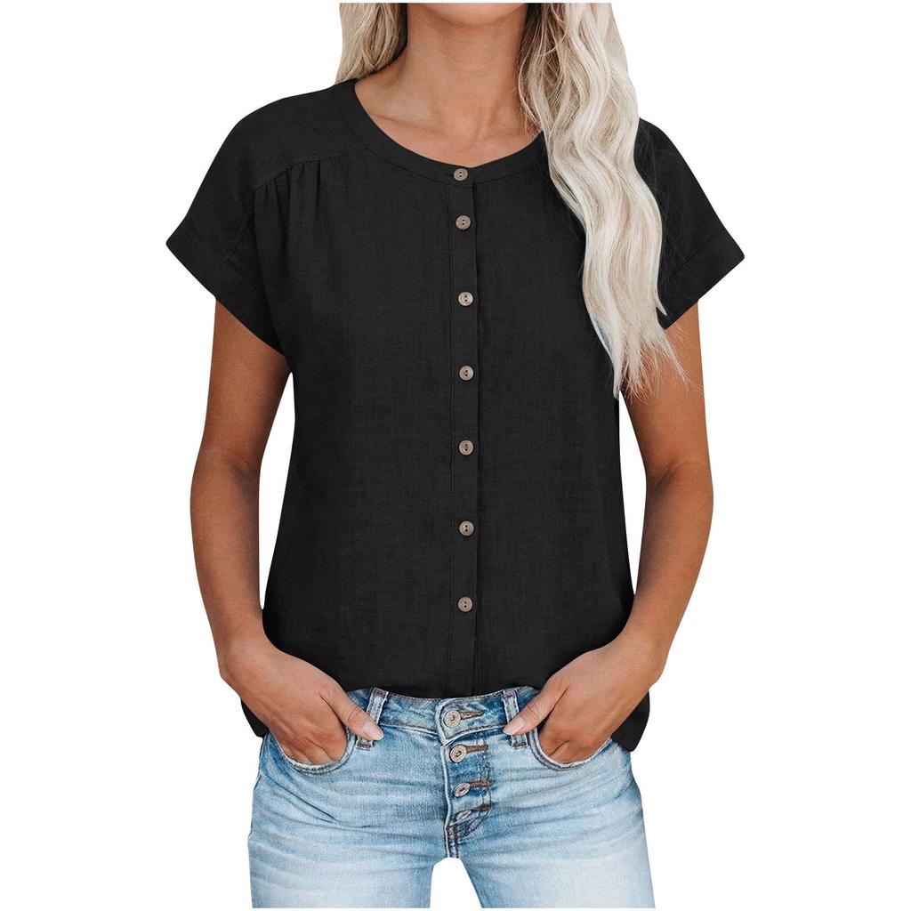 Women's Loose-Fit Short-Sleeve -Color -Neck Drop-Shoulder Casual Top