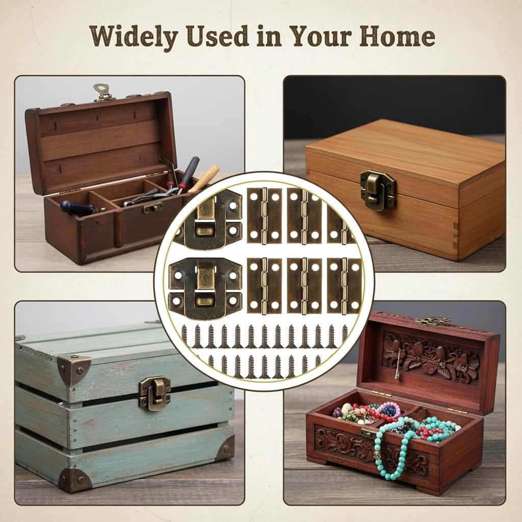 Small Hinges for Wooden Box, 6 PCS Antique Bronze Wooden Boxes Hinges and Latches with Matching Screws Kit Jewelry Box Hardware, Small Latches