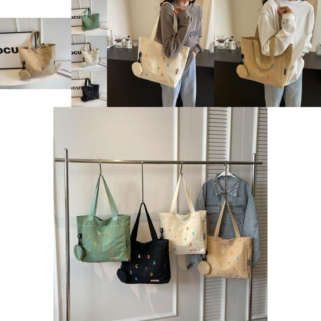 Large Capacity Canvas Tote Bag For Women Stylish Embroidered Letter Design For School