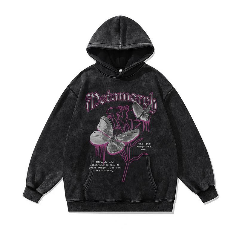 European And American Street Tide Brand Sweater Retro Trend Flower Printing Washed Old Large Version Hoodie Men And Women