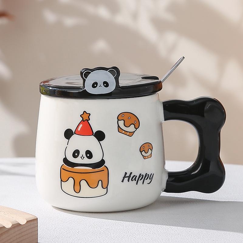 Niedlicher Panda-Becher mit Deckel und Löffel Hochwertig aussehende Keramiktasse Paar Wassertasse Zuhause Büro Frühstück Kaffeetasse 440ml