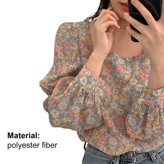 Cute Top Floral Print Young Square Neck Puff Sleeve Lovely Ladies Blouse for Work