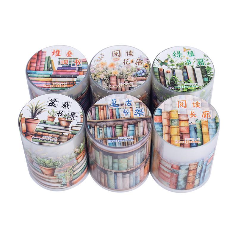 1roll Reading Scene-Building Themed Tape Stickers, Book & Bookshelf Designs for Hand Account Decoration & DIY Crafts