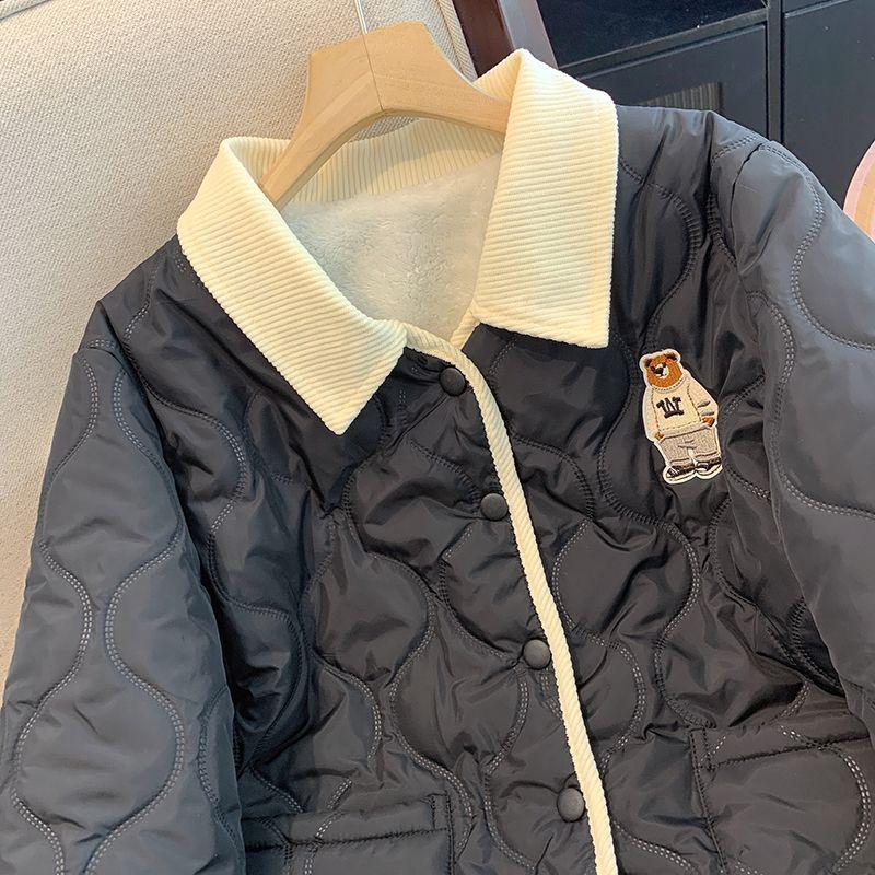 Cute Bear Embroidery and Stylish Contrasting Collar On Women's Cotton Jacket, Keeping You Warm and Trendy In Winter
