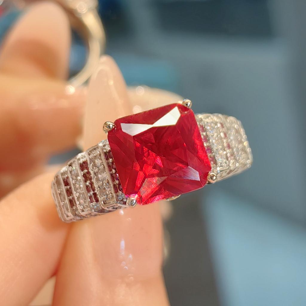 Premium Cold Wind Plated Black Gold Colored Treasure Red Corundum Ring Retro Luxury Angel Wings Blue Pointed Crystal Women'S Ring
