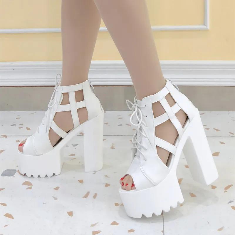 Fashion 15CM Summer Ankle Strap Sandal Shoes for Women High Heels Sandals Platform Back Zipper Sandals Fashion Party Model Show Pumps