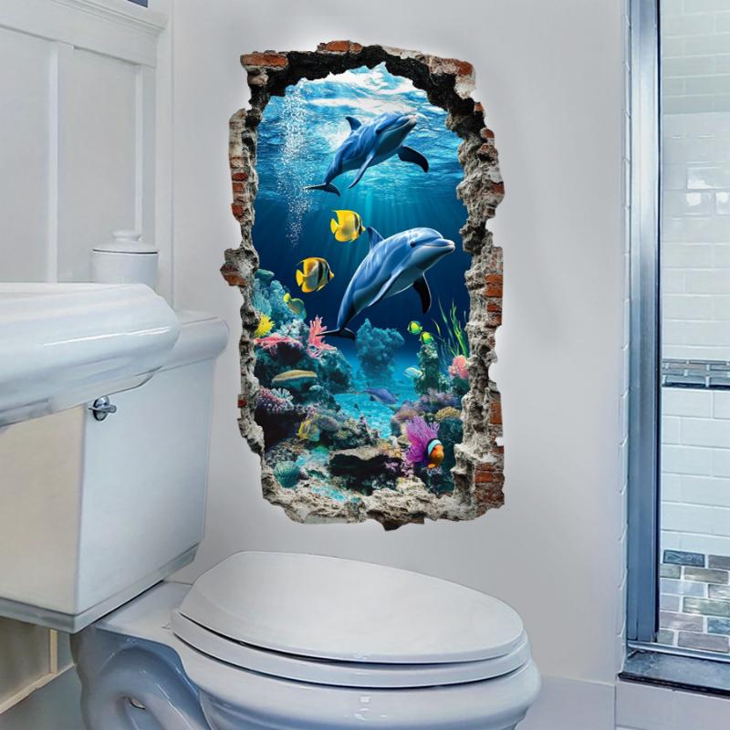 3D Wall Decal Ocean World Self-Adhesive Sticker Semi-Matte PVC Easy Peel Sticker Irregular Shape Home Decor Ocean Theme Decor