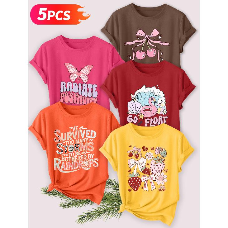 Five-piece set Elegant short-sleeved shirt for women Sunset Coast Print Round Neck Women's Short Sleeve Suitable for Spring and Summer Fashionable