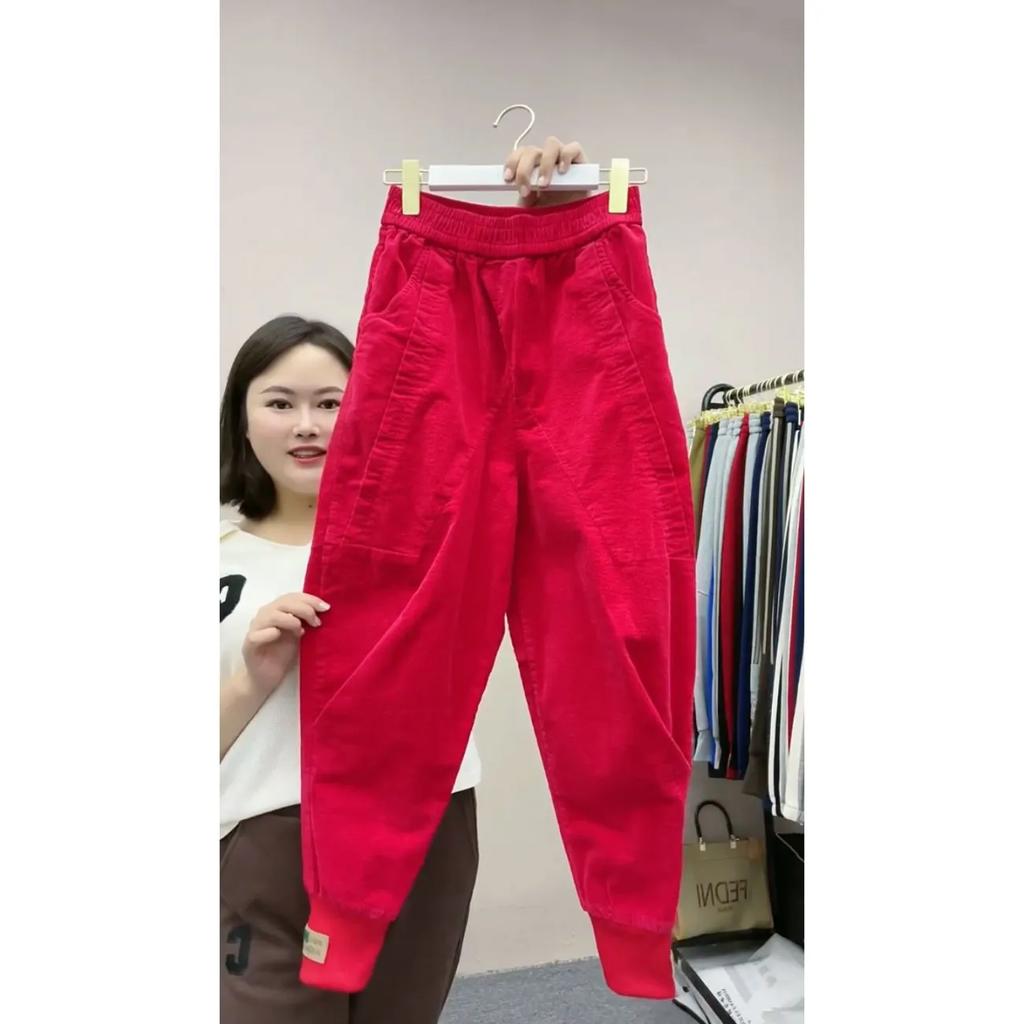 Damen Frühling Herbst Einfarbig Cordhose Elastischer Bund Haremshose Lässig Bündchenfuß Hose Damen