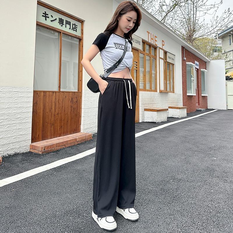 Women Pleated Wide Leg Pants High Waist Loose Thin Casual Trousers For Summer Petite M
