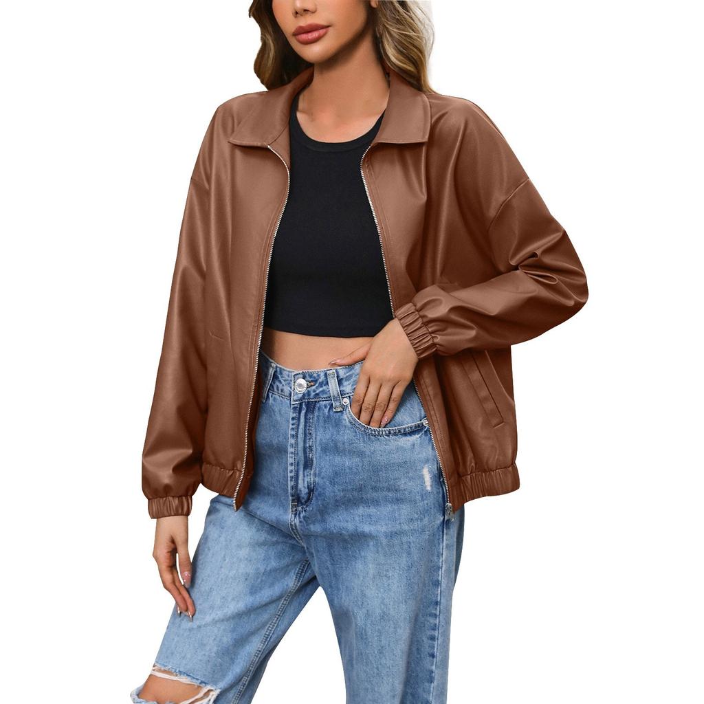 Ladies Fashion Casual Solid Color Outdoor Leather Jacket Short Coat