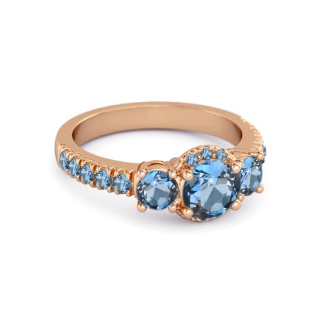 London Blue Topaz Three- 925Stone Halo Pave Band Ring - 925 Sterling Silver Rose Gold Vermeil