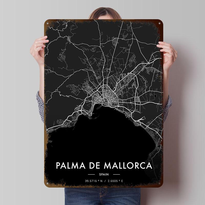Palma De Mallorca City Map Tinplate Posters Customizable Wall Art Retro Vintage Metal Signs for Home Room Gamer Decoration Cozy 20X30CM