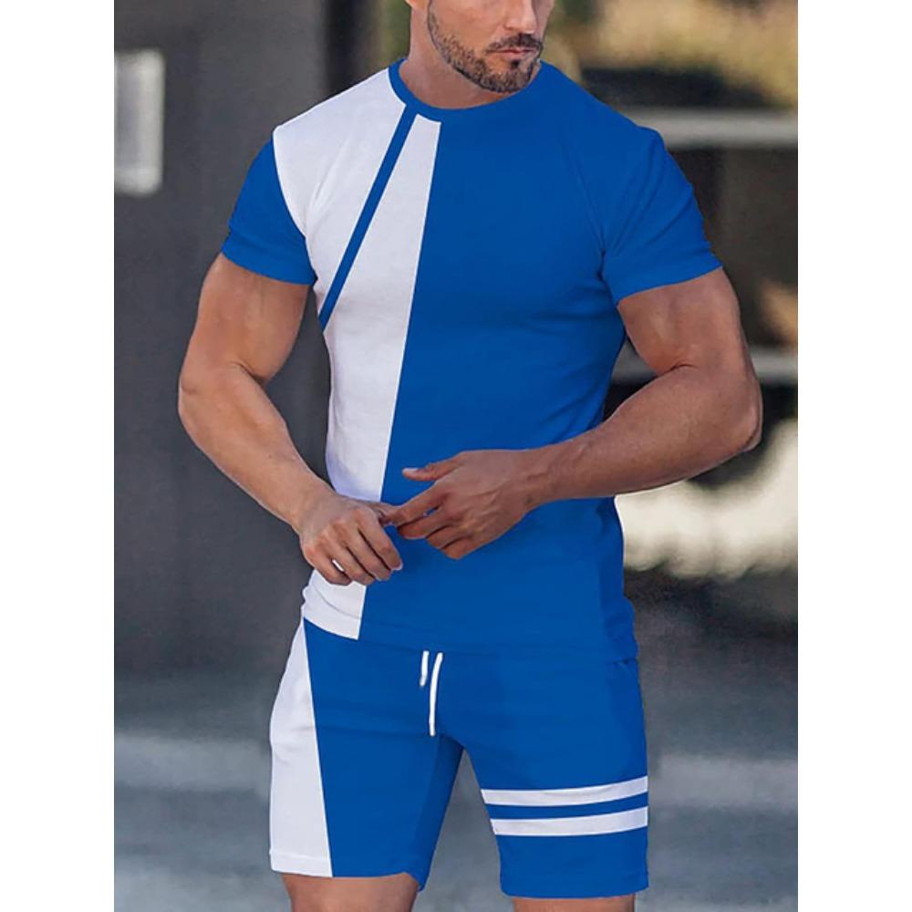 Patchwork Printing Mens 2 Pieces Casual Fashion T-shirt Set Workout Tracksuit Shirt And Shorts Set Sport Summer Outfit Sets