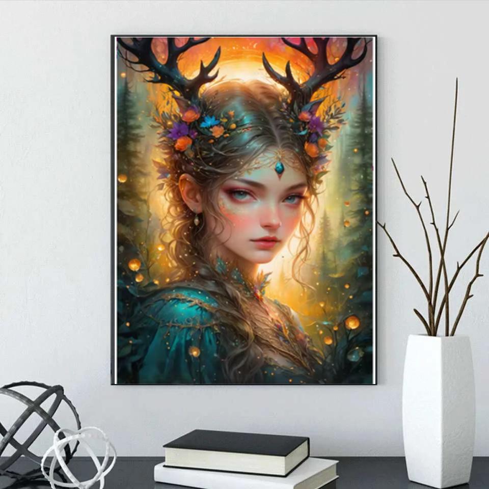 5D Deer Elf Girl Fairy Dust Diamond Painting Kit Full quare Diamond Embroidery Cross Stitch Diamond Art Crystal Home Decoration